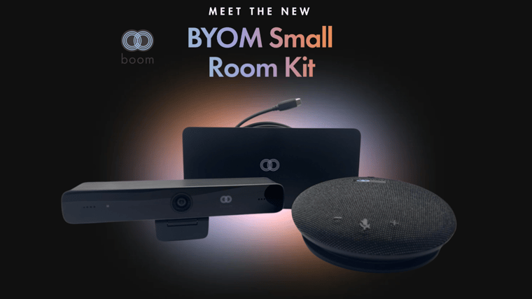 BYOM small room kit featuring the Boom Mezzo camera, Boom Giro Pro speakerphone, and Boom ZYGO hub, designed for seamless, flexible meeting setups.