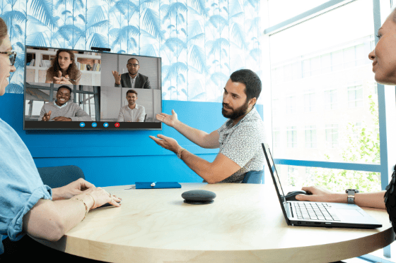 Boom huddle room kit including the MEZZO 4K AI camera and GIRO Pro wireless speakerphone enhance the meeting room experience