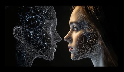 Human face looking at AI digital face made of network connections representing artificial intelligence in video conferencing and AV technology