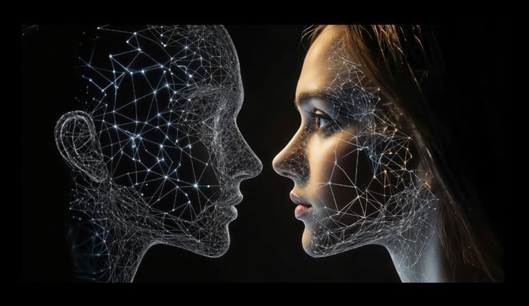 Human face looking at AI digital face made of network connections representing artificial intelligence in video conferencing and AV technology