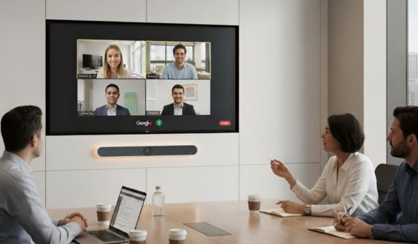 Teams meet in a modern conference room using the Boom HALO video bar