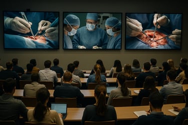 A group of medical students sits in a lecture hall attentively watching a live-streamed surgical procedure displayed on three large screens at the front of the room.