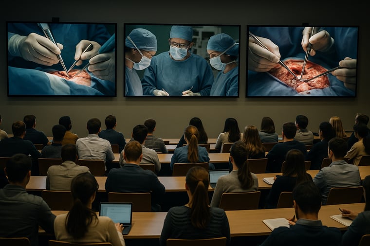A group of medical students sits in a lecture hall attentively watching a live-streamed surgical procedure displayed on three large screens at the front of the room.