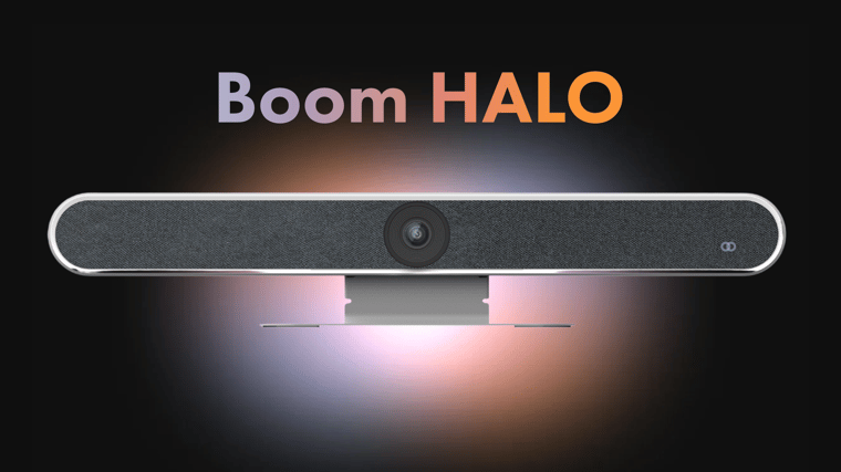 Boom HALO all-in-one videobar featuring a 4K UHD camera, six-microphone array, and high-fidelity speakers, designed for hybrid meetings, huddle rooms, and video conferencing solutions.
