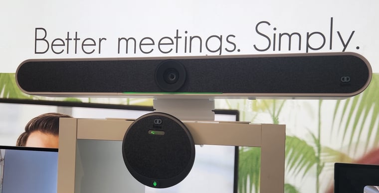 BYOM videobar kit setup with HALO videobar and ZYGO hub providing one-cable video conferencing in a modern office.