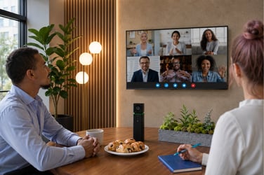 Small meeting room with a Boom UNO videobar setup showing two people in a video meeting.