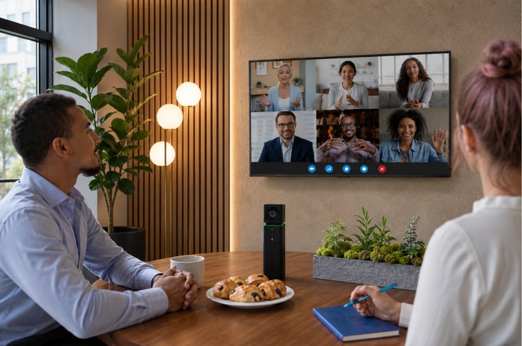 Small meeting room with a Boom UNO videobar setup showing two people in a video meeting.