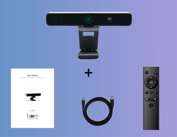 Boom MEZZO package contents: camera, 10ft/3m USB 3.0 cable (Type B to Type A), remote control, and quick guide, neatly arranged for straightforward setup and use.