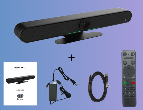 Boom HALO: an intelligent, all-in-one video conferencing solution with a 4K UHD camera, 6-microphone array, high-fidelity speakers, and automatic privacy cover.