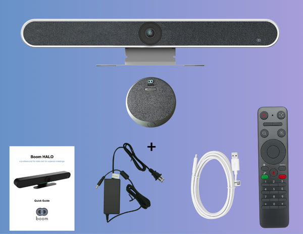 What’s in the box: The Halo Business Edition Kit includes everything you need for a seamless video conferencing experience: the white HALO video bar, USB 3.0 cable, remote control, power cord, wall-mount bracket, one microphone, a 10ft Cat6 RJ45 cable, and a quick guide. All components are carefully arranged for easy setup and installation in medium to large conference rooms.