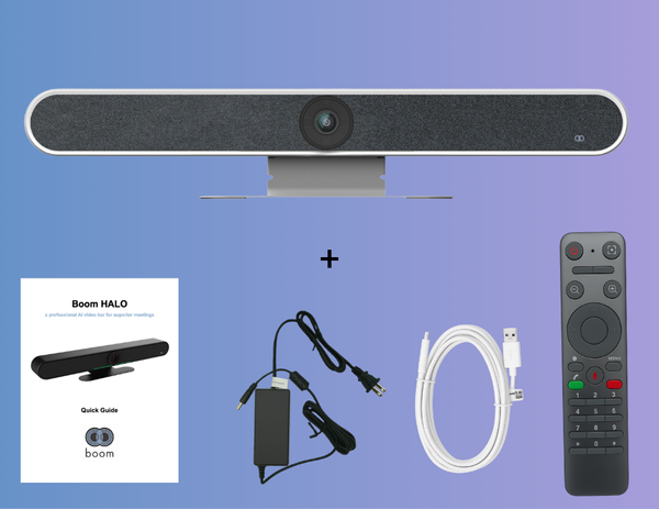 Boom HALO: an intelligent, all-in-one video conferencing solution with a 4K UHD camera, 6-microphone array, high-fidelity speakers, and automatic privacy cover.