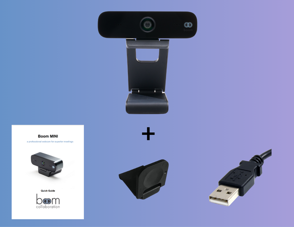Contents of the Boom MINI webcam box: webcam, USB 2.0 Type A cable, attachable privacy cover, and quick guide for simple setup and usage.