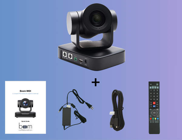 Contents of the Boom MIDI camera box: camera, IR remote, USB Y 2.0 cable, RS232 cable, power supply, and quick guide for simple setup and efficient video conferencing.