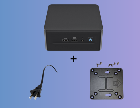 CAPO II mini pc with power cable and vesa mounting plate on gradient background