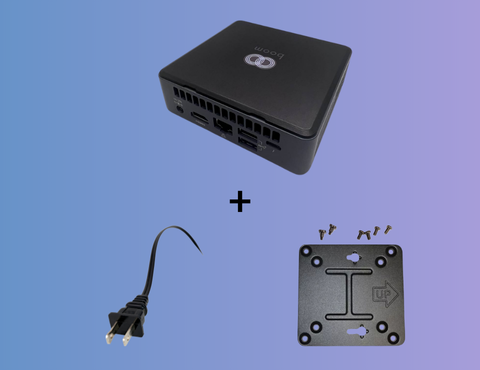 boom capo mini pc with power cable and vesa mounting plate on gradient background