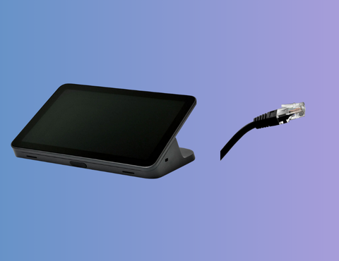 boom vista touch controller with ethernet cable on gradient background