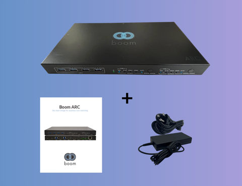 Boom ARC package contents including the device, 100W USB-C power adapter, and quick guide