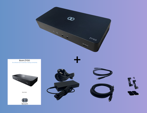 Boom ZYGO: a versatile multi-connectivity hub designed for seamless video conferencing and collaboration. It includes a USB-C to USB-C cable, universal power adapter, mounting kit, and four rubber feet for stability. Perfect for BYOD setups, offering easy plug-and-play functionality for any meeting environment.