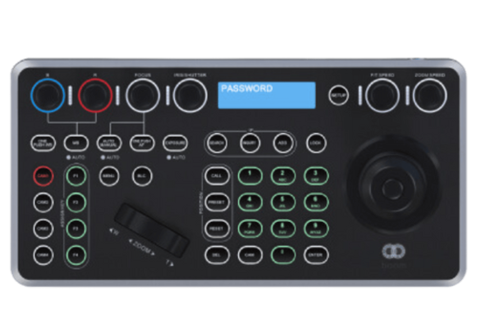 Boom GOJO: Camera controller with 4-dimensional joystick for pan, tilt, zoom control, along with quick-adjust knobs and buttons for focus, color, PTZ, and shutter speed adjustments. 