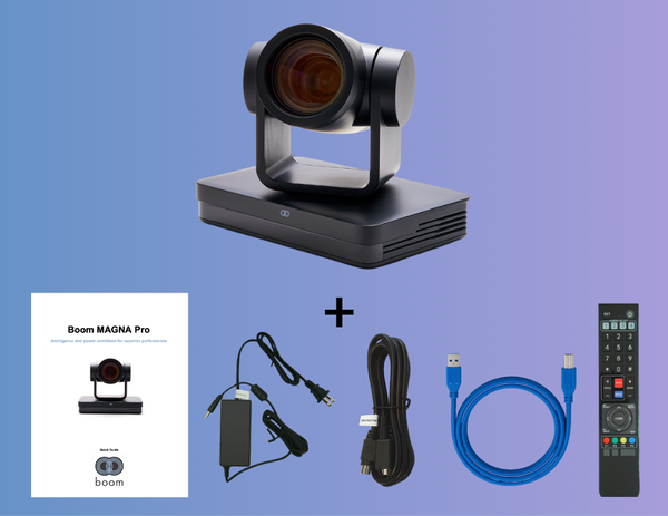 Contents of the box: camera, power supply, RS232 cable, USB 3.0 cable, IR remote control, and quick guide, all arranged for easy setup and convenience.