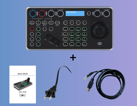 Boom GOJO: Camera controller with 4-dimensional joystick for pan, tilt, zoom control, along with quick-adjust knobs and buttons for focus, color, PTZ, and shutter speed adjustments. 